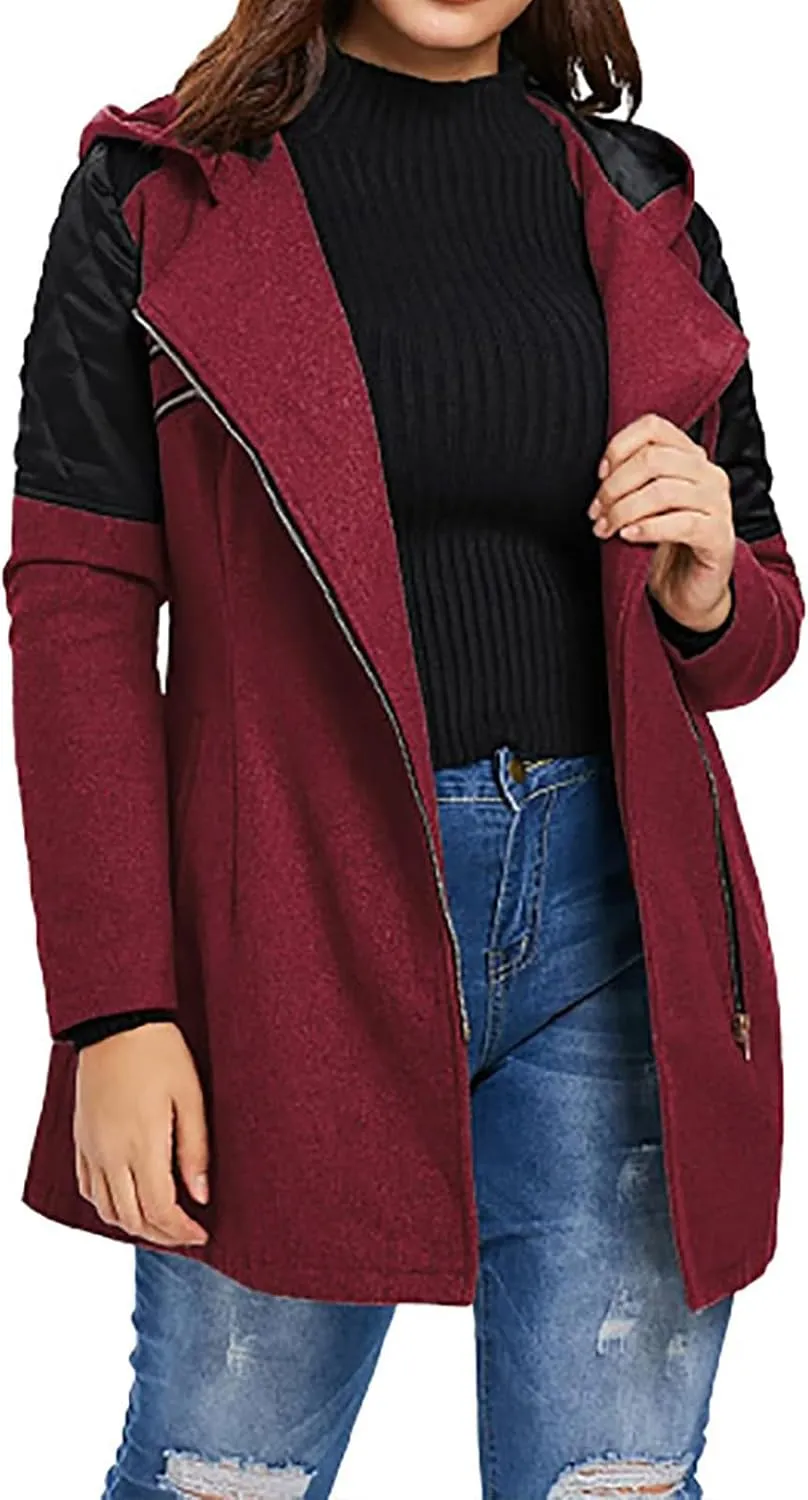 Kubbon Women Wool Blend Jacket Oversized Zip Up Long Sleeve Pea Coat Elegant Lapel Open Front Trench Coat with Pockets