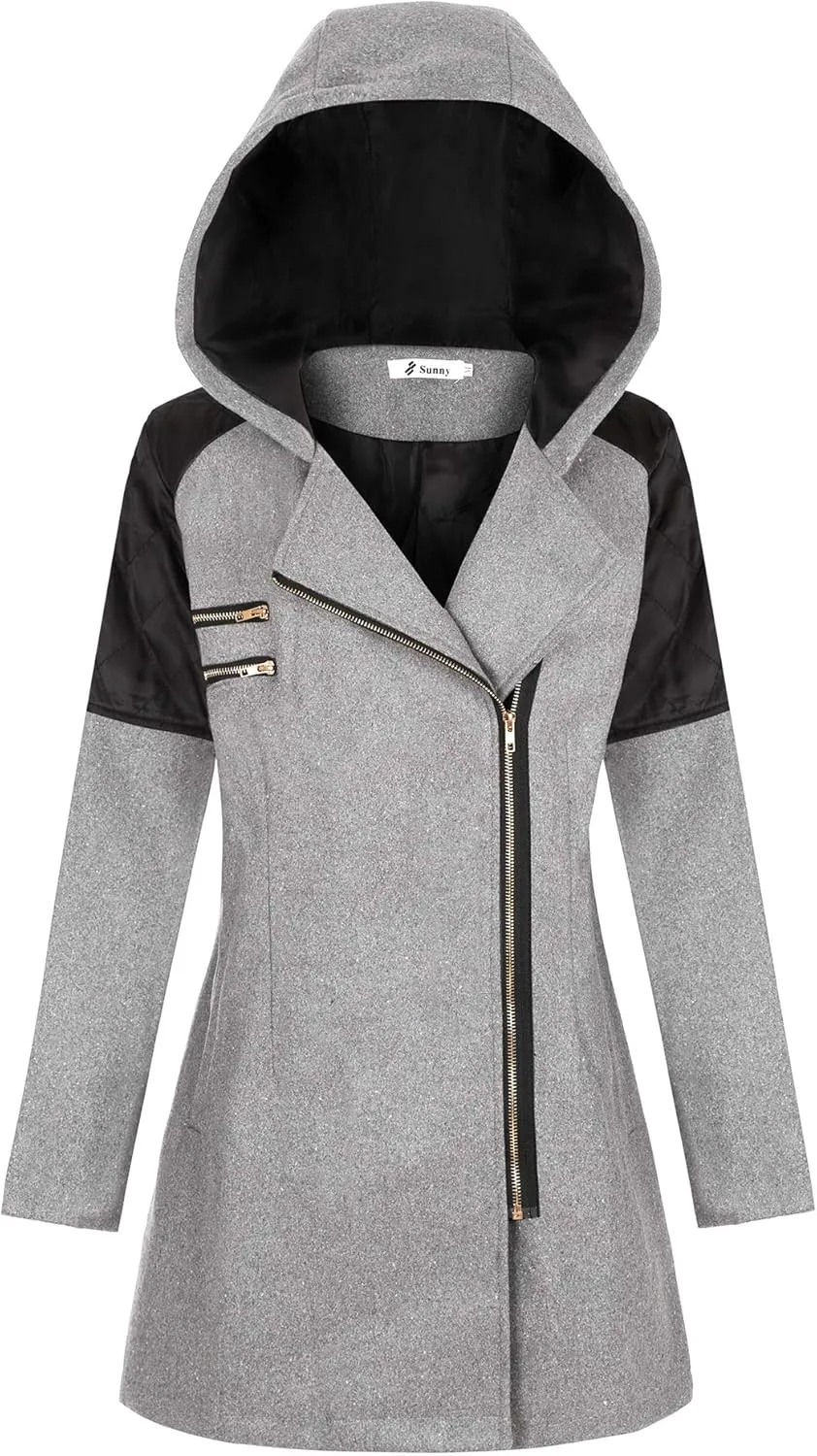 Kubbon Women Wool Blend Jacket Oversized Zip Up Long Sleeve Pea Coat Elegant Lapel Open Front Trench Coat with Pockets