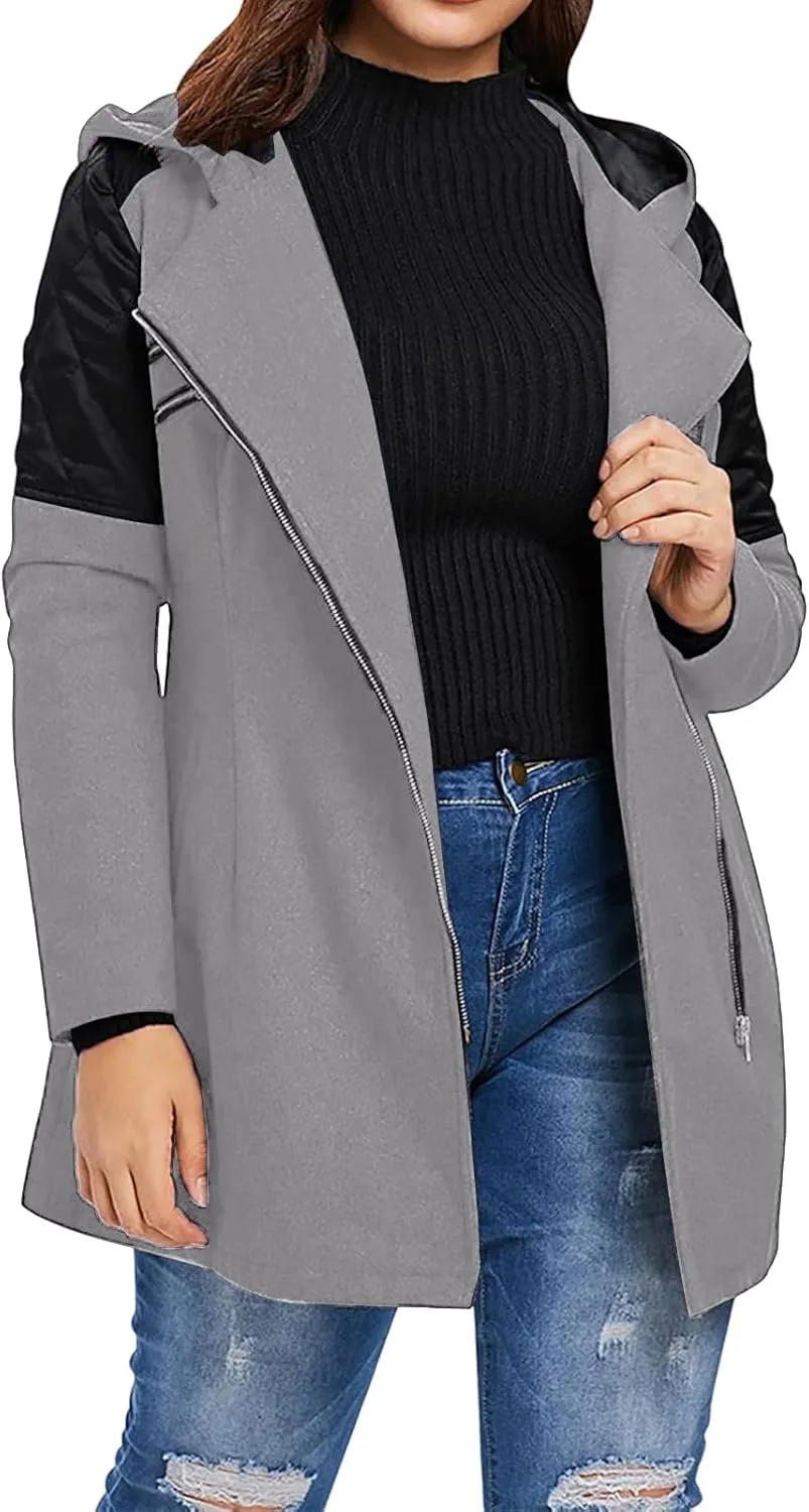 Kubbon Women Wool Blend Jacket Oversized Zip Up Long Sleeve Pea Coat Elegant Lapel Open Front Trench Coat with Pockets