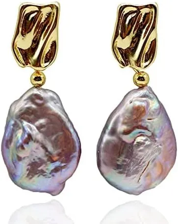 Ladies Earrings Purple Natural Freshwater Pearl Earrings Silver Coin Shape Baroque Style Gold Earrings Court Vintage Jewelry