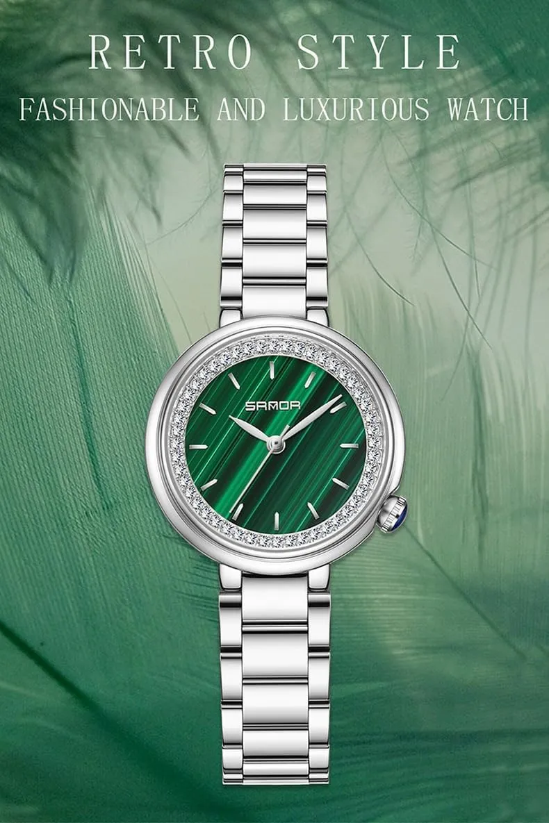Ladies Watches, Small Face Round Watches for Women, Luxury Green Wristwatch, Elegant Diamond Stainless Steel Girls Dress Watch