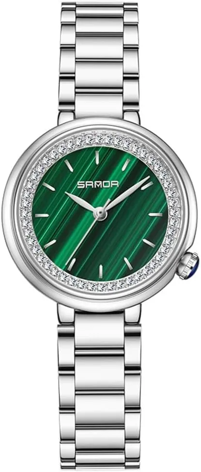 Ladies Watches, Small Face Round Watches for Women, Luxury Green Wristwatch, Elegant Diamond Stainless Steel Girls Dress Watch
