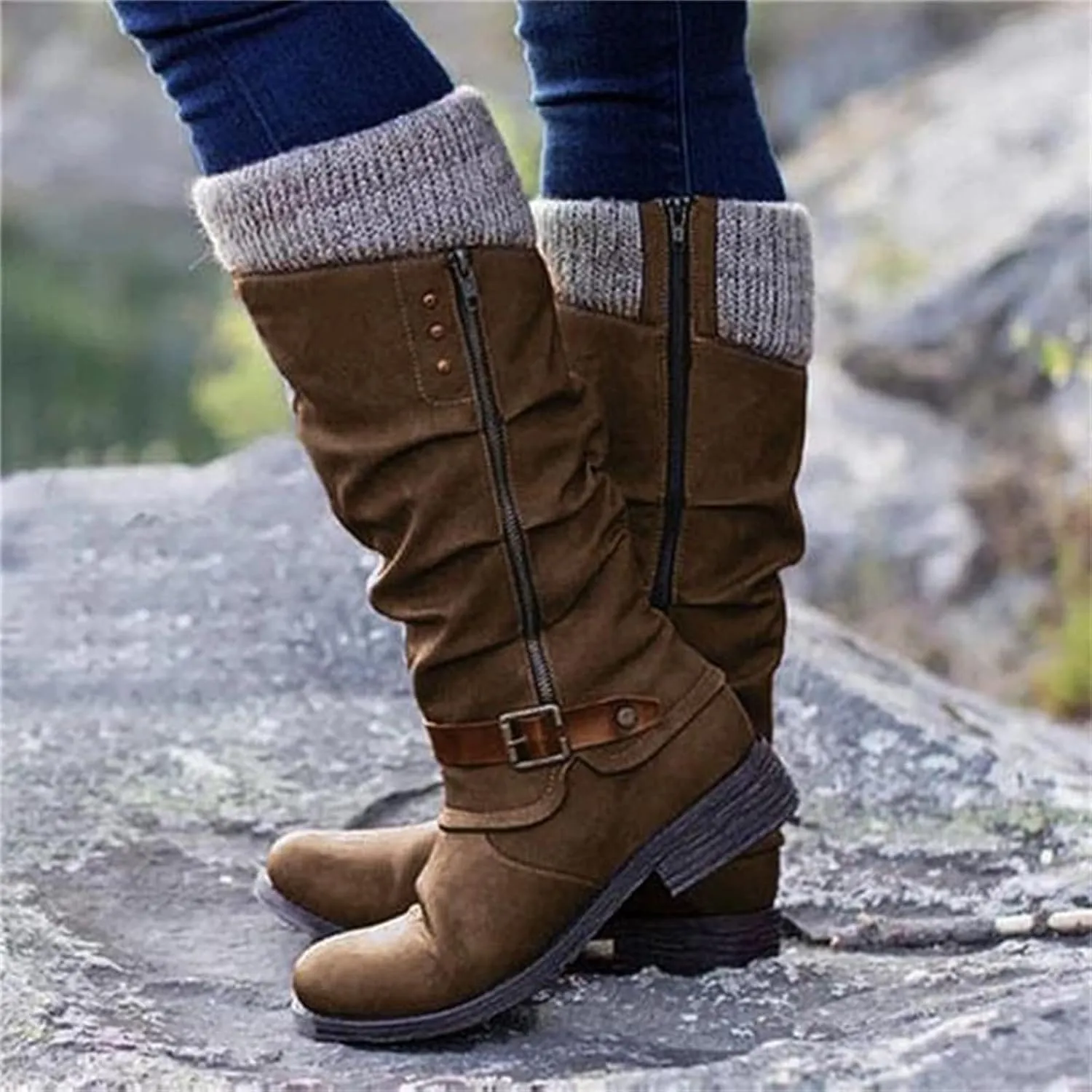 Ladmiple Boots For Women 2024 Low Heel Mid Calf Round-Toe Side Zip Punk Combat Boots Motorcycle Riding Biker Ankle Booties