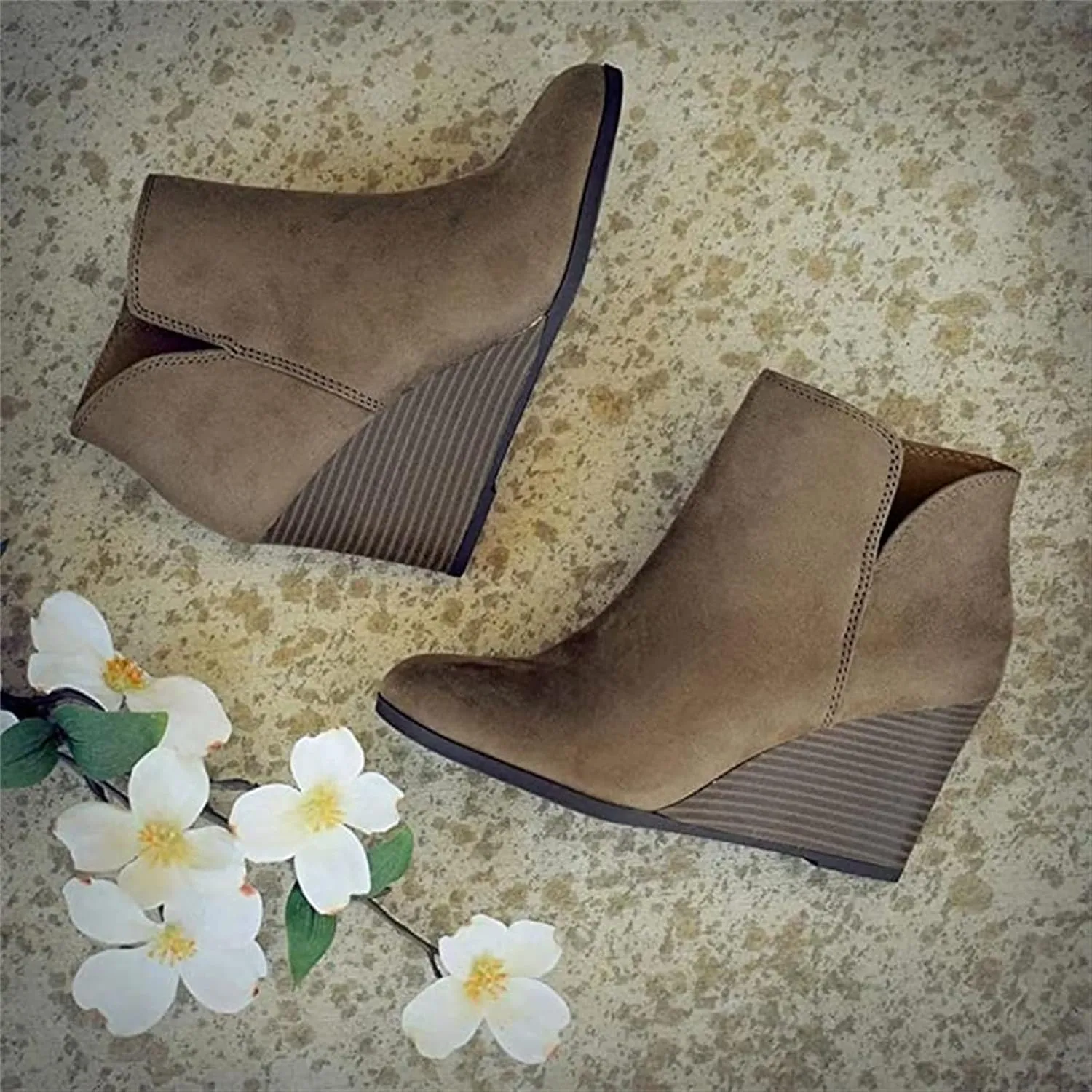 Lausiuoe Wedge Booties For Women Closed Toe Ankle Boots Slip on Casual Fashion Platform Western Heeled Fall Booties