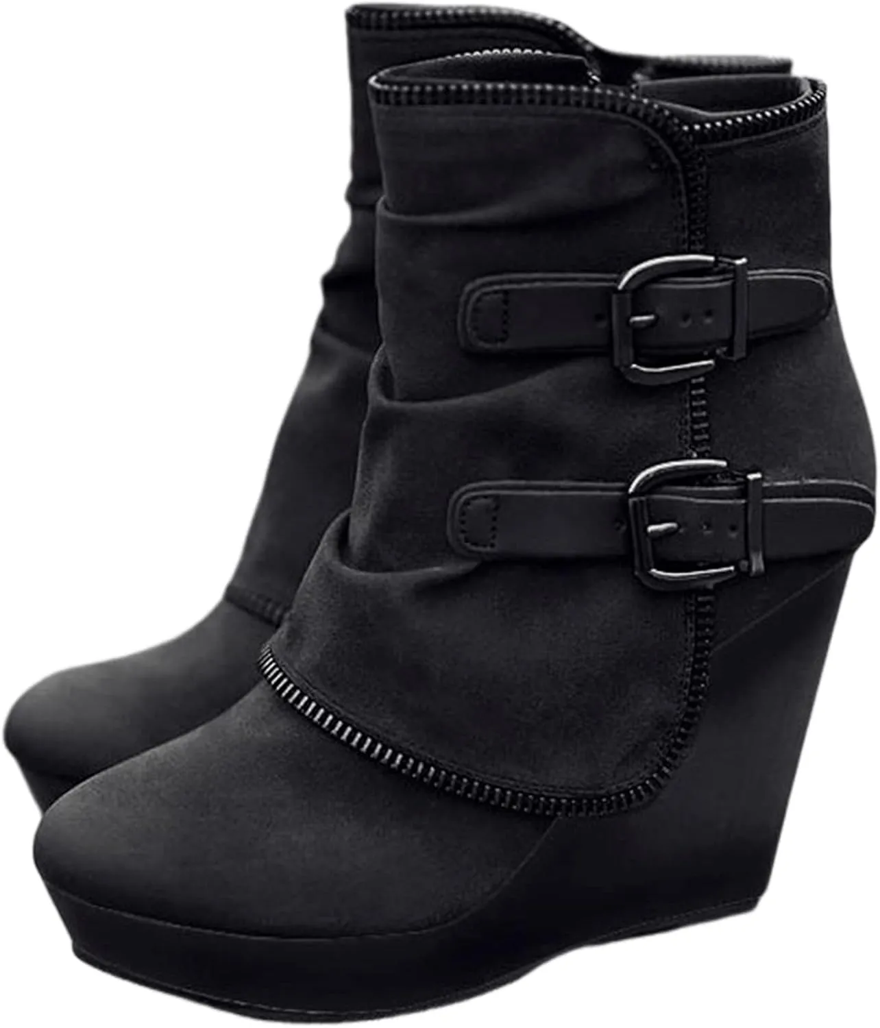 Lausiuoe Wedge Booties For Women Closed Toe Platform Ankle Booties Casual Dressy Western Wide Calf Heeled Fall Boots