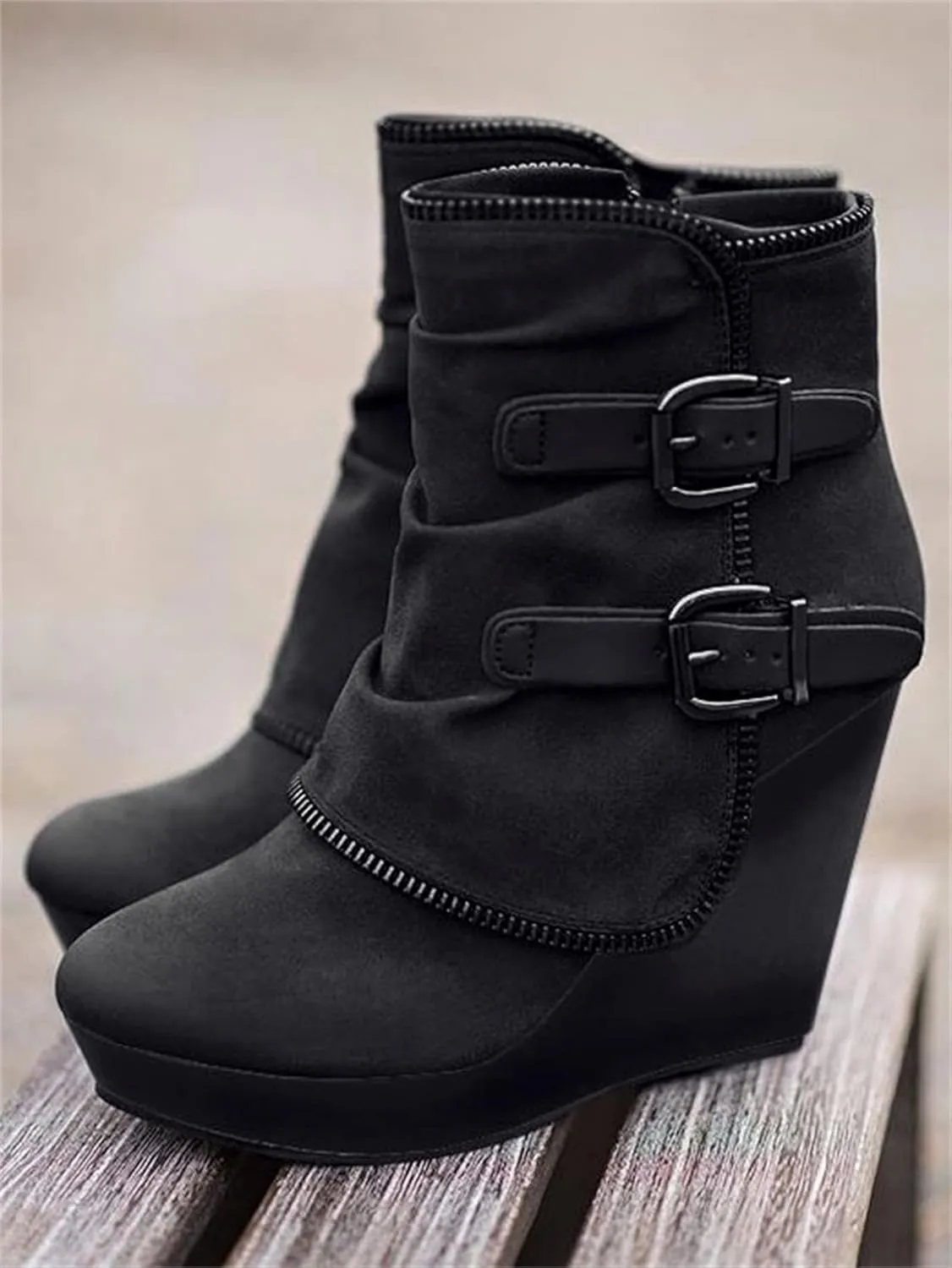Lausiuoe Wedge Booties For Women Closed Toe Platform Ankle Booties Casual Dressy Western Wide Calf Heeled Fall Boots