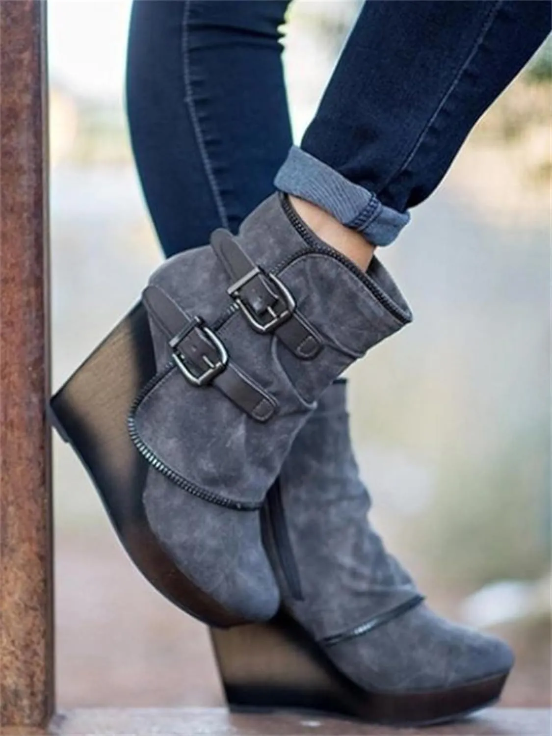 Lausiuoe Wedge Booties For Women Closed Toe Platform Ankle Booties Casual Dressy Western Wide Calf Heeled Fall Boots