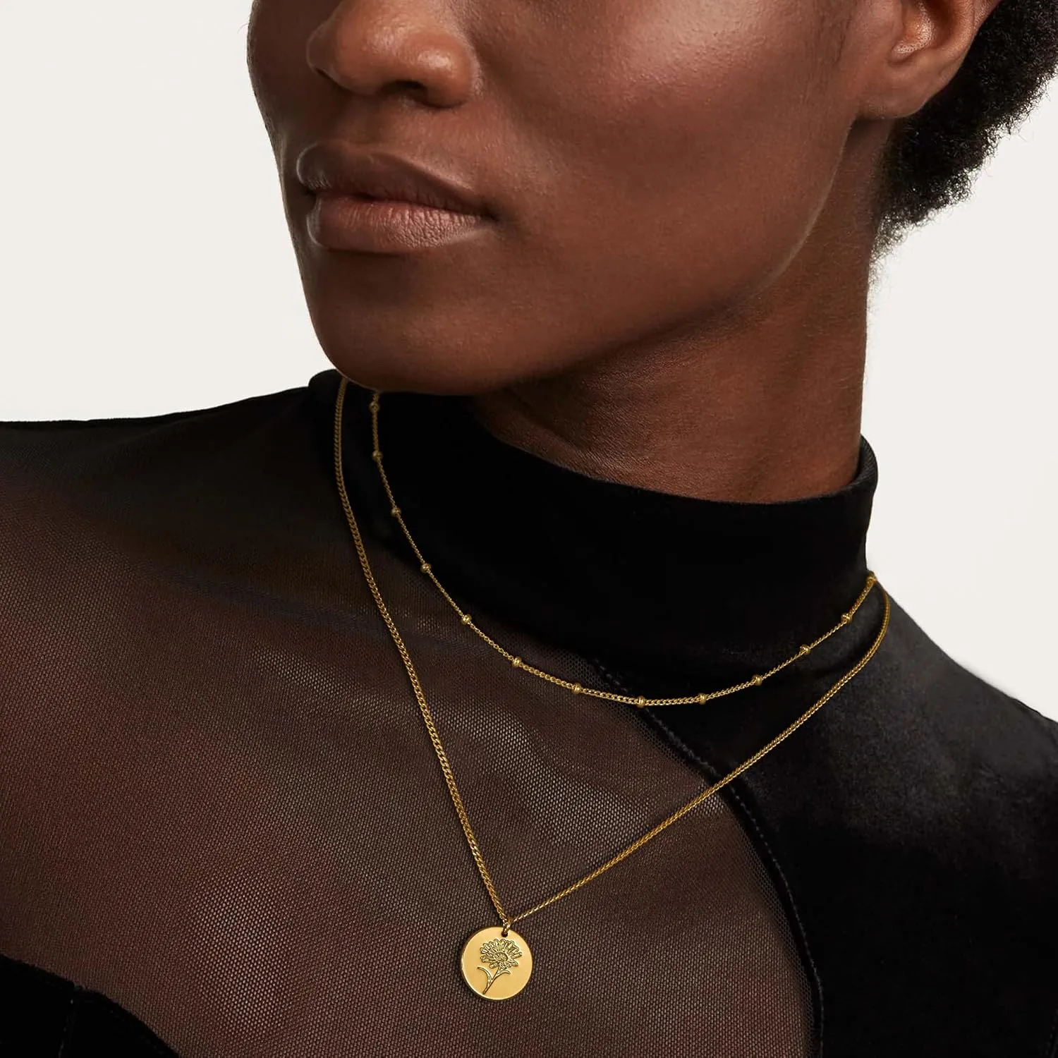 Layered Birth Flower Necklace for Women 18K Gold Plated Dainty Layering Coin Disc Pendant Necklaces Gold Jewelry Birthday Gifts 12 Month