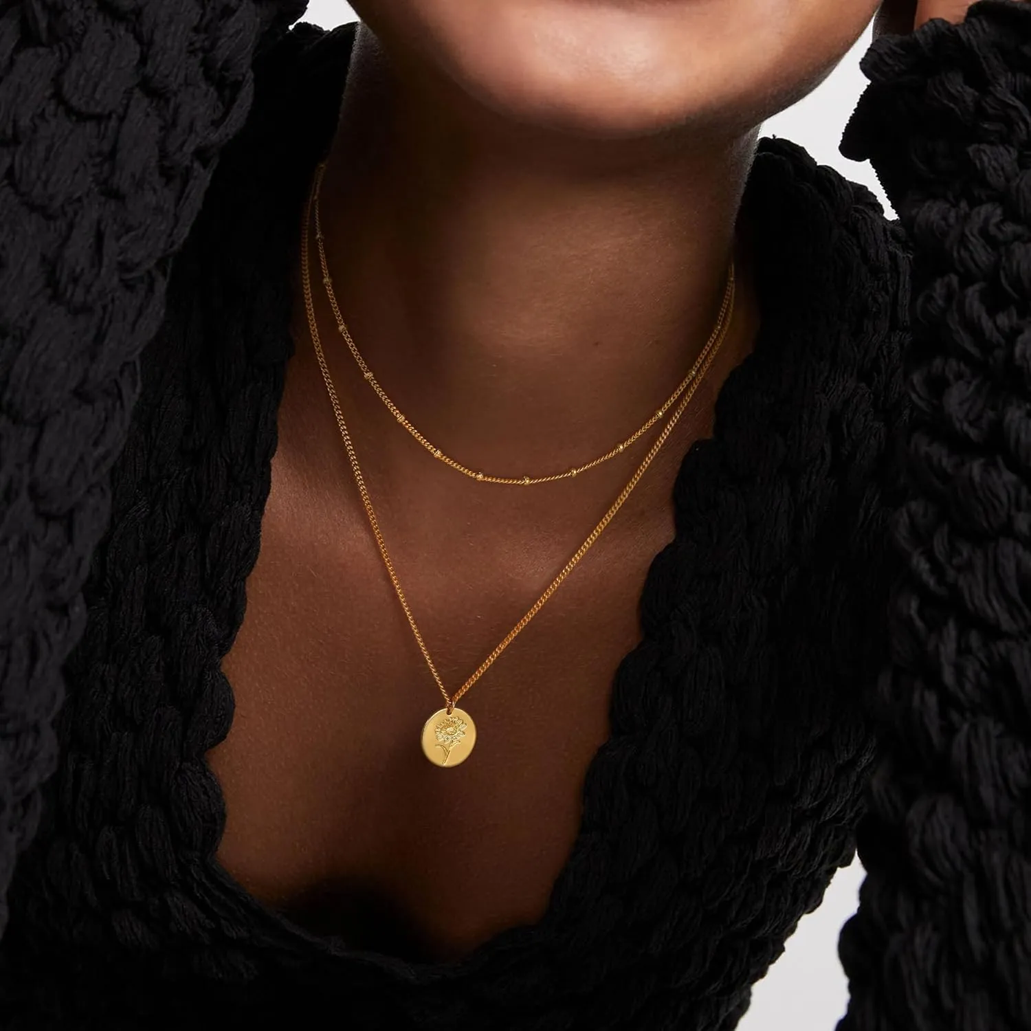 Layered Birth Flower Necklace for Women 18K Gold Plated Dainty Layering Coin Disc Pendant Necklaces Gold Jewelry Birthday Gifts 12 Month