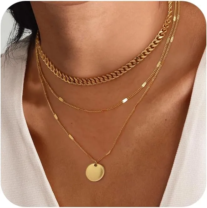 Layered Gold/Silver Necklaces for Women, 14k Gold/Sterling Silver Plated Stackable Stack Choker Necklaces for Women Trendy Layering Circle Pendant Chain Necklace Set Jewelry for Women