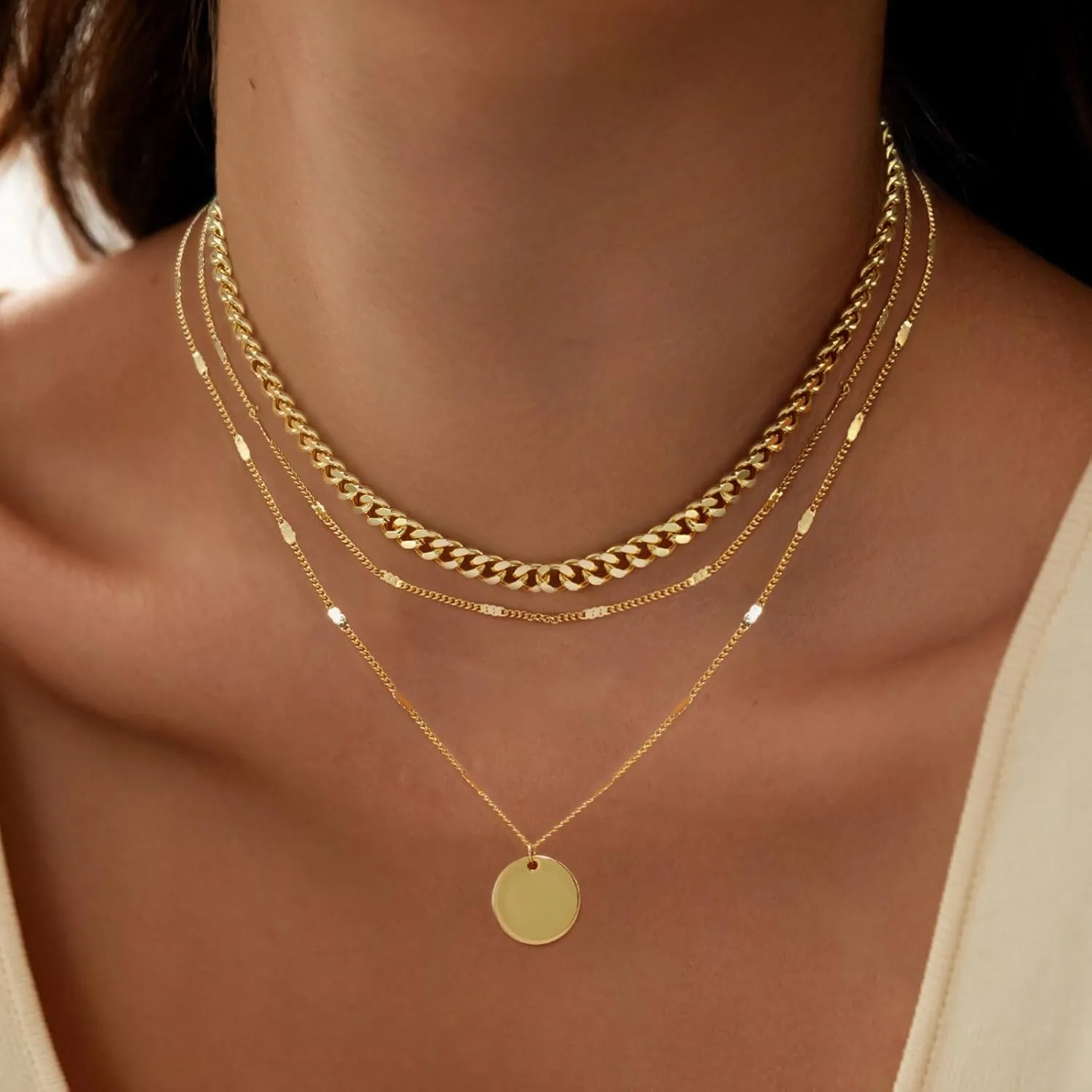 Layered Gold/Silver Necklaces for Women, 14k Gold/Sterling Silver Plated Stackable Stack Choker Necklaces for Women Trendy Layering Circle Pendant Chain Necklace Set Jewelry for Women