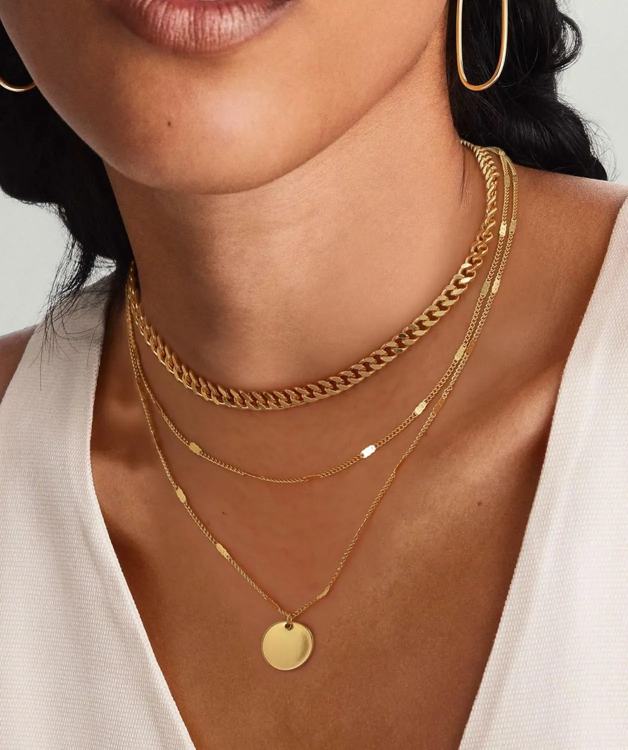 Layered Gold/Silver Necklaces for Women, 14k Gold/Sterling Silver Plated Stackable Stack Choker Necklaces for Women Trendy Layering Circle Pendant Chain Necklace Set Jewelry for Women