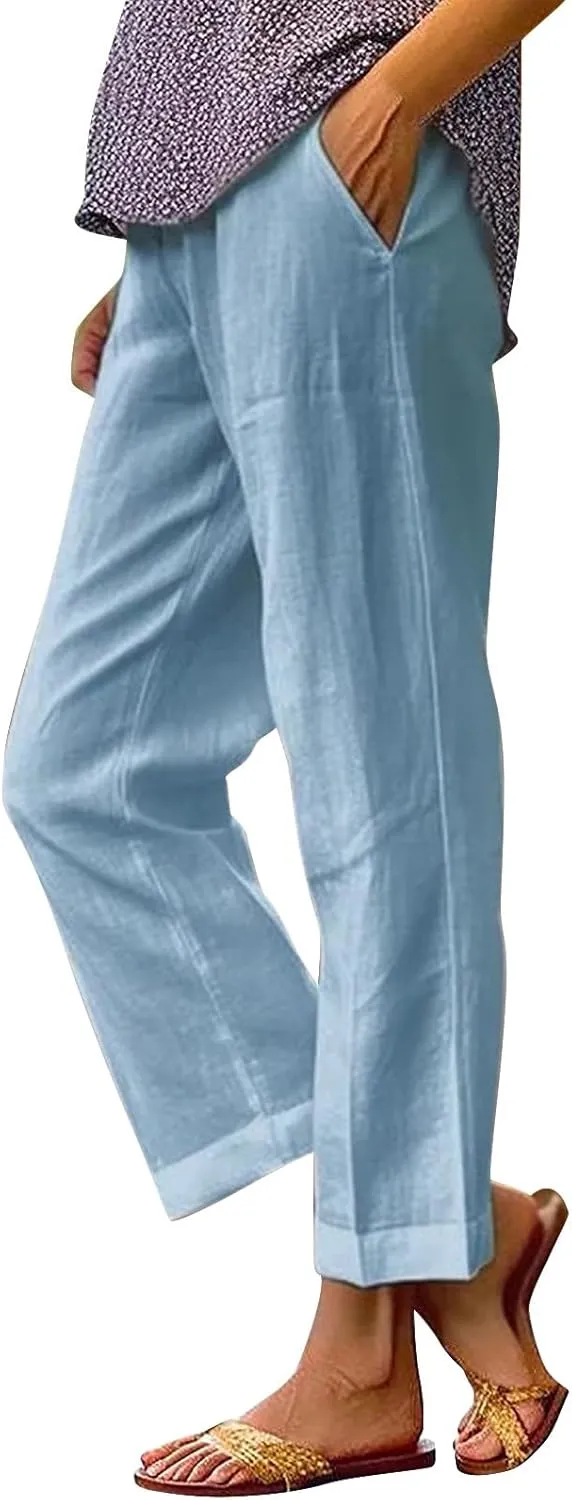 LCMTWX Women's Linen Pants 2024 Summer Pants Long Drawstring Linen Women Waist Cotton Casual Pants Flowy Wide Leg Beach
