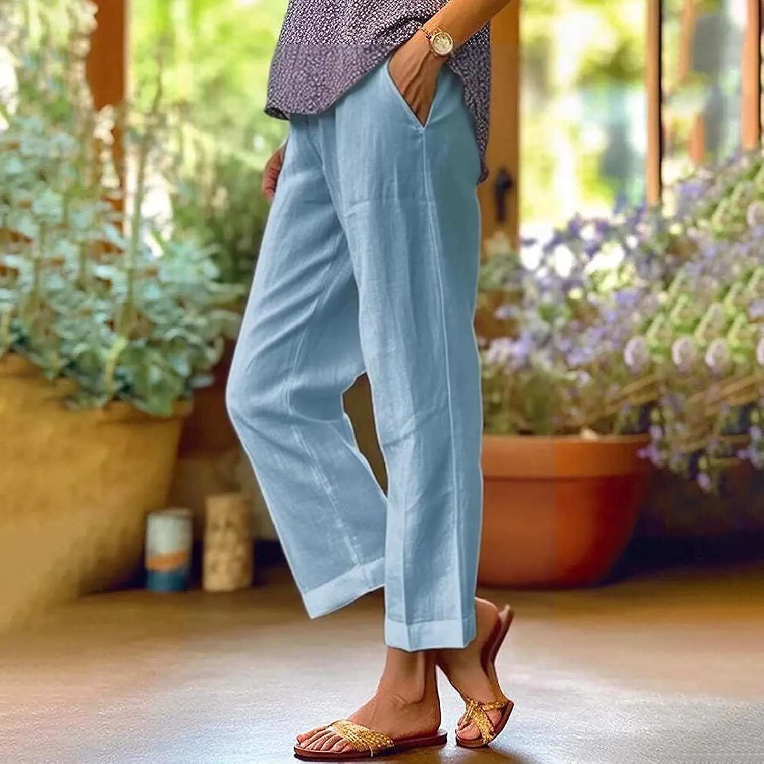 LCMTWX Women's Linen Pants 2024 Summer Pants Long Drawstring Linen Women Waist Cotton Casual Pants Flowy Wide Leg Beach