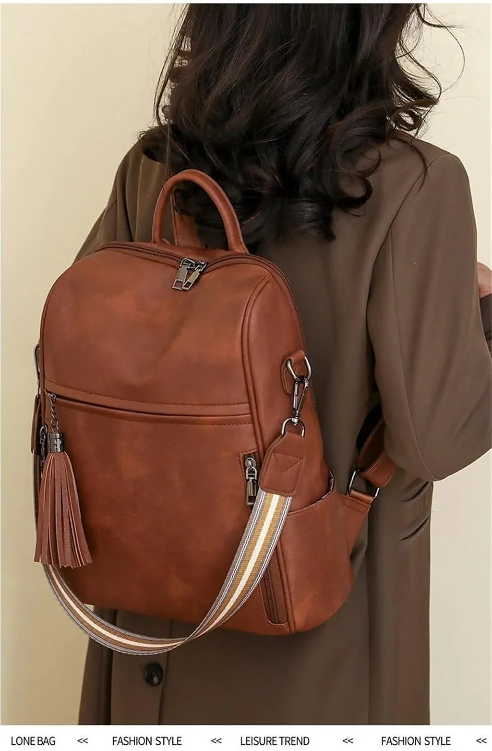 Leather Backpack Purse For Women Designer Travel Backpack Purses PU Fashion Ladies Shoulder Bag With Tassel(Brown)