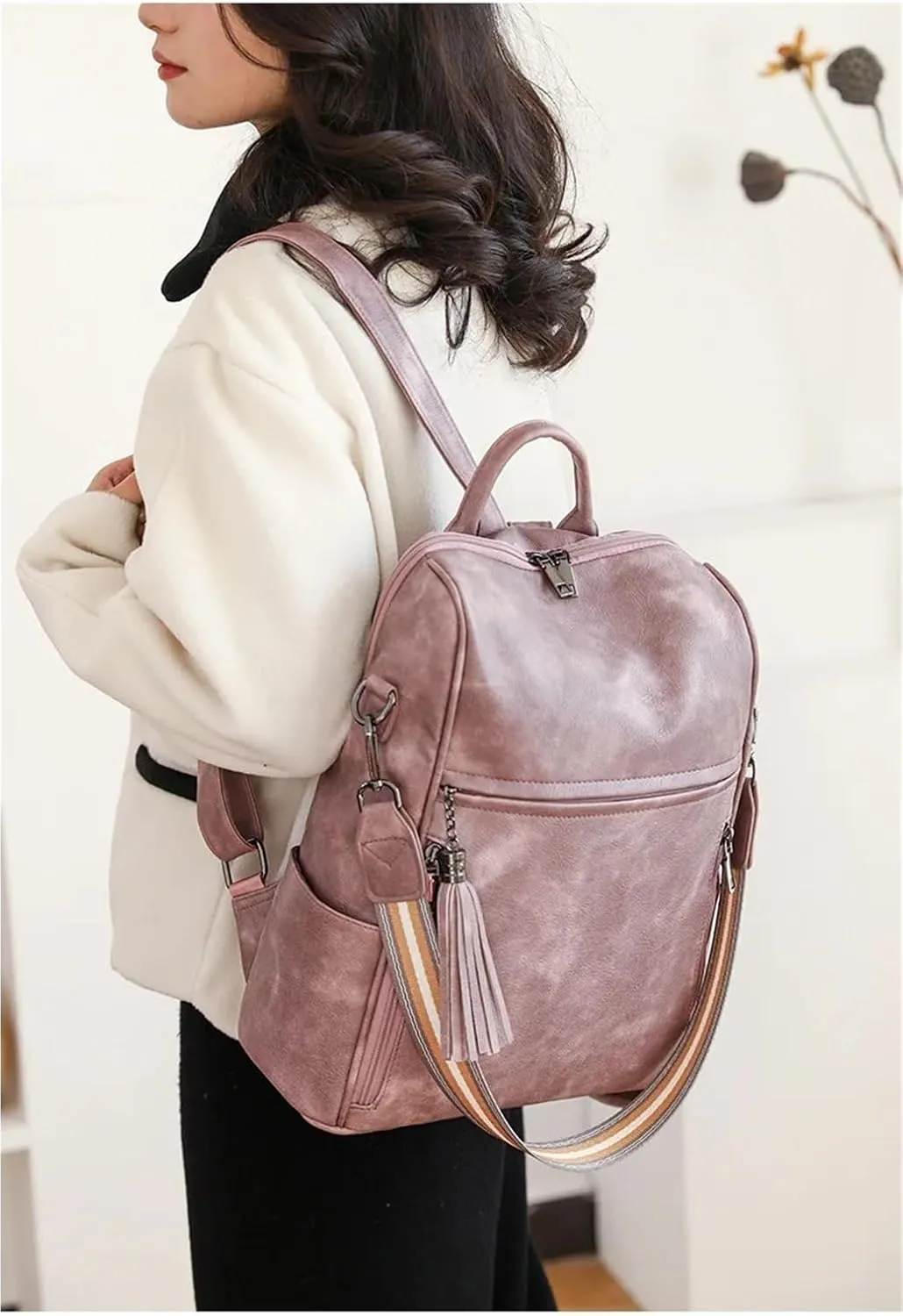Leather Backpack Purse For Women Designer Travel Backpack Purses PU Fashion Ladies Shoulder Bag With Tassel(Brown)