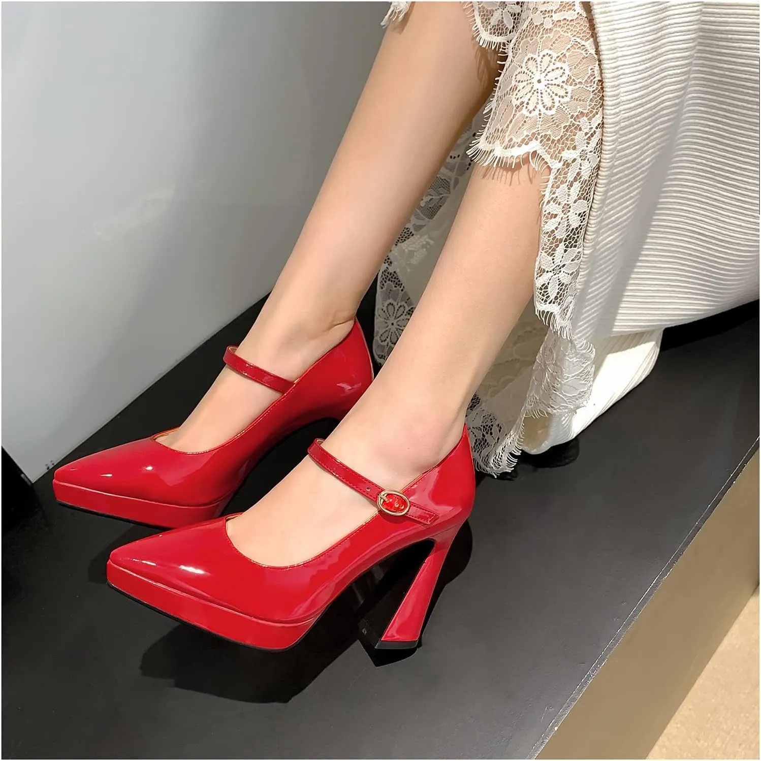 LEMUTISME Women's Fashion Patent Leather Low Platform Ankle Strap Pointed Toe Mary Jane High Block Heel with Buckle Dress Pumps for Wedding Party