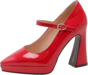 LEMUTISME Women's Fashion Patent Leather Low Platform Ankle Strap Pointed Toe Mary Jane High Block Heel with Buckle Dress Pumps for Wedding Party