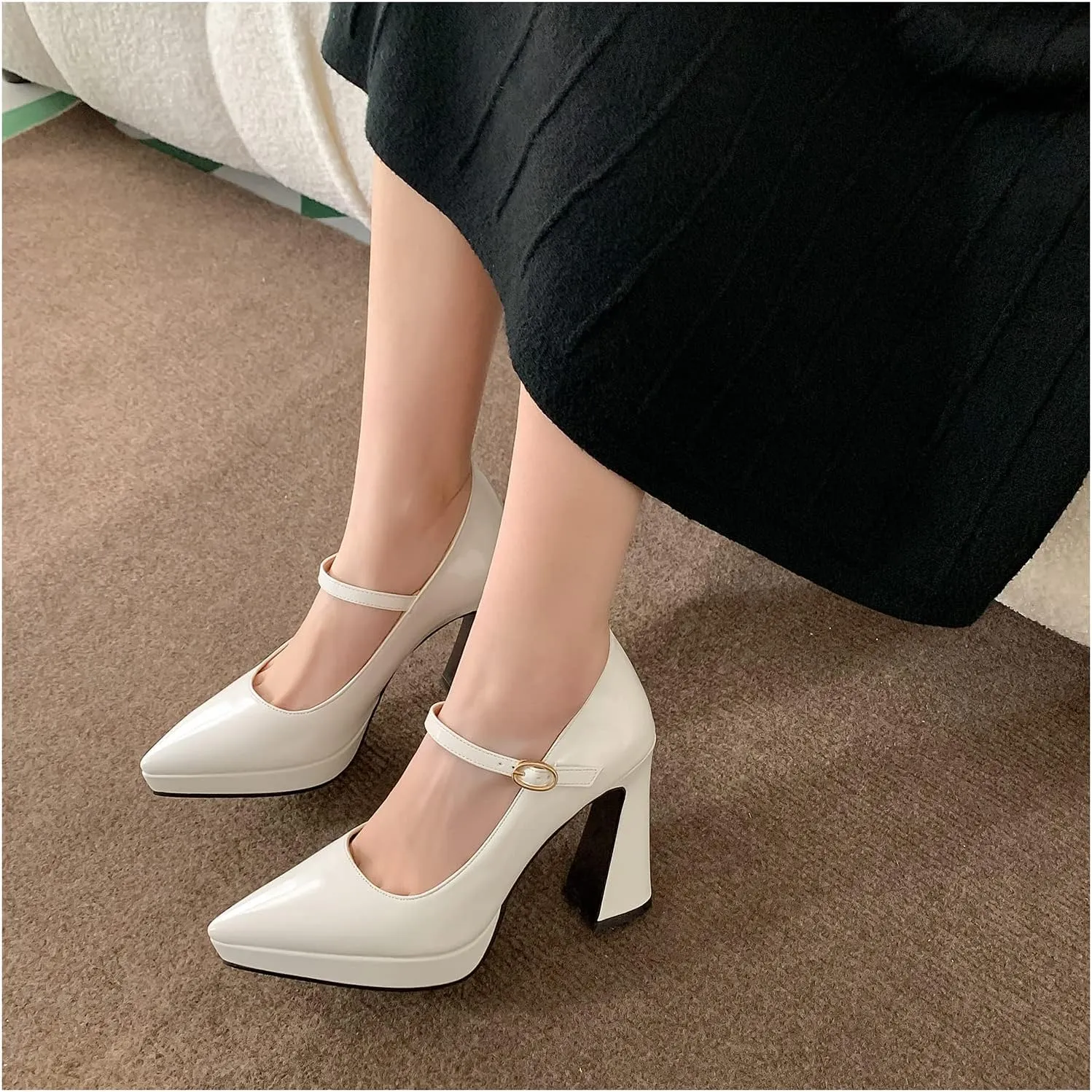 LEMUTISME Women's Fashion Patent Leather Low Platform Ankle Strap Pointed Toe Mary Jane High Block Heel with Buckle Dress Pumps for Wedding Party