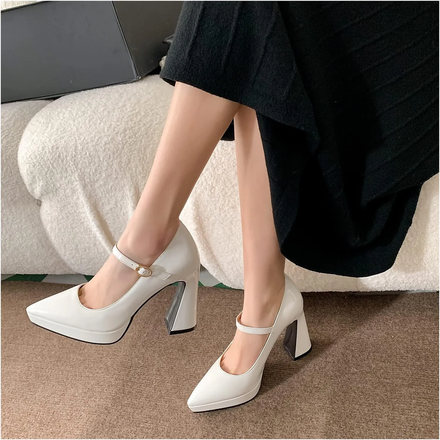 LEMUTISME Women's Fashion Patent Leather Low Platform Ankle Strap Pointed Toe Mary Jane High Block Heel with Buckle Dress Pumps for Wedding Party