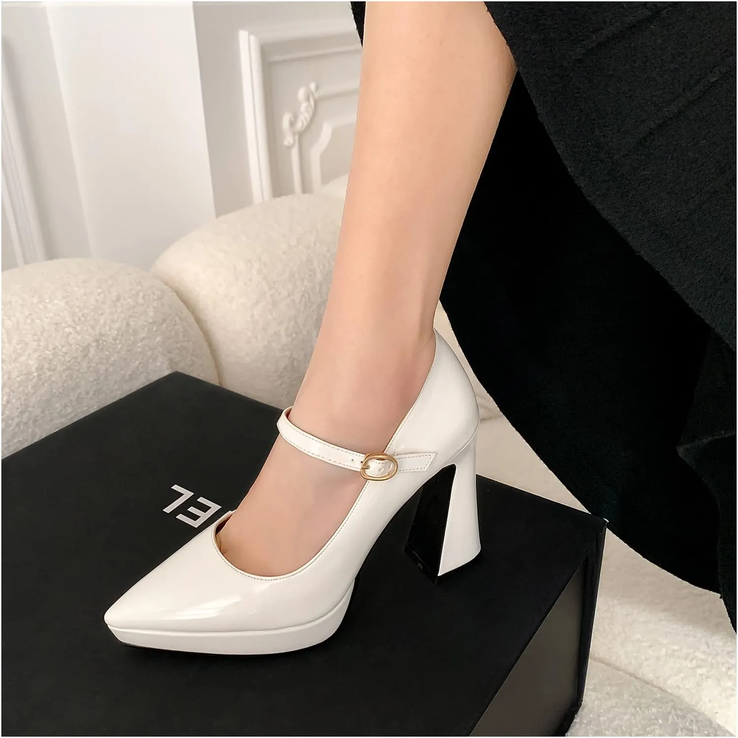 LEMUTISME Women's Fashion Patent Leather Low Platform Ankle Strap Pointed Toe Mary Jane High Block Heel with Buckle Dress Pumps for Wedding Party