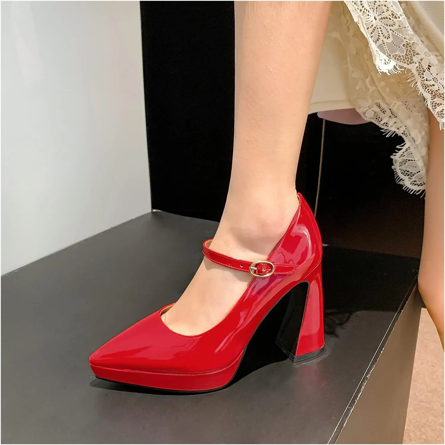LEMUTISME Women's Fashion Patent Leather Low Platform Ankle Strap Pointed Toe Mary Jane High Block Heel with Buckle Dress Pumps for Wedding Party