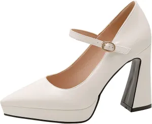 LEMUTISME Women's Fashion Patent Leather Low Platform Ankle Strap Pointed Toe Mary Jane High Block Heel with Buckle Dress Pumps for Wedding Party