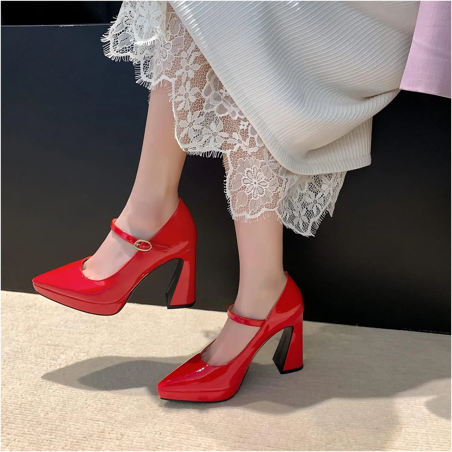 LEMUTISME Women's Fashion Patent Leather Low Platform Ankle Strap Pointed Toe Mary Jane High Block Heel with Buckle Dress Pumps for Wedding Party