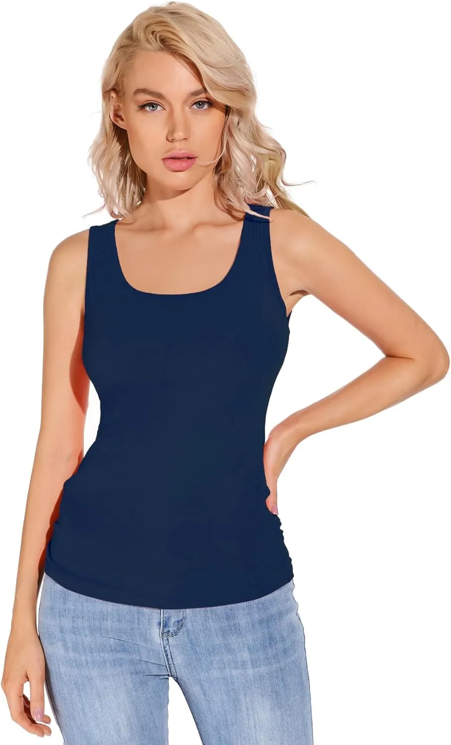 Liang Rou Women's Mini-Ribbed Stretch Scoop Neck Tank Top