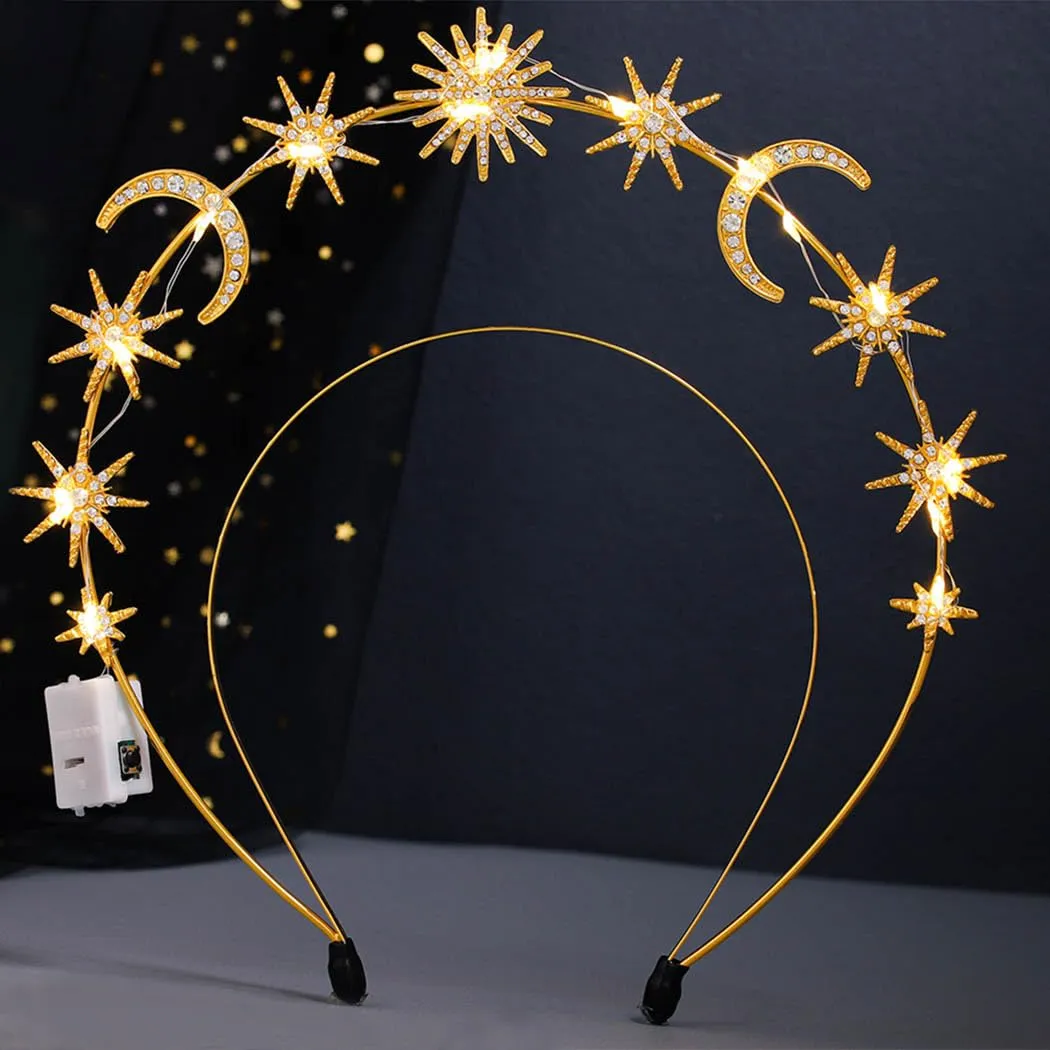 Light Up Halo Crown Golden Star Halo Headpiece Gold Angel Halo Headband Led Bride Halo Hair Accessories for Women (Gold A, Free A)