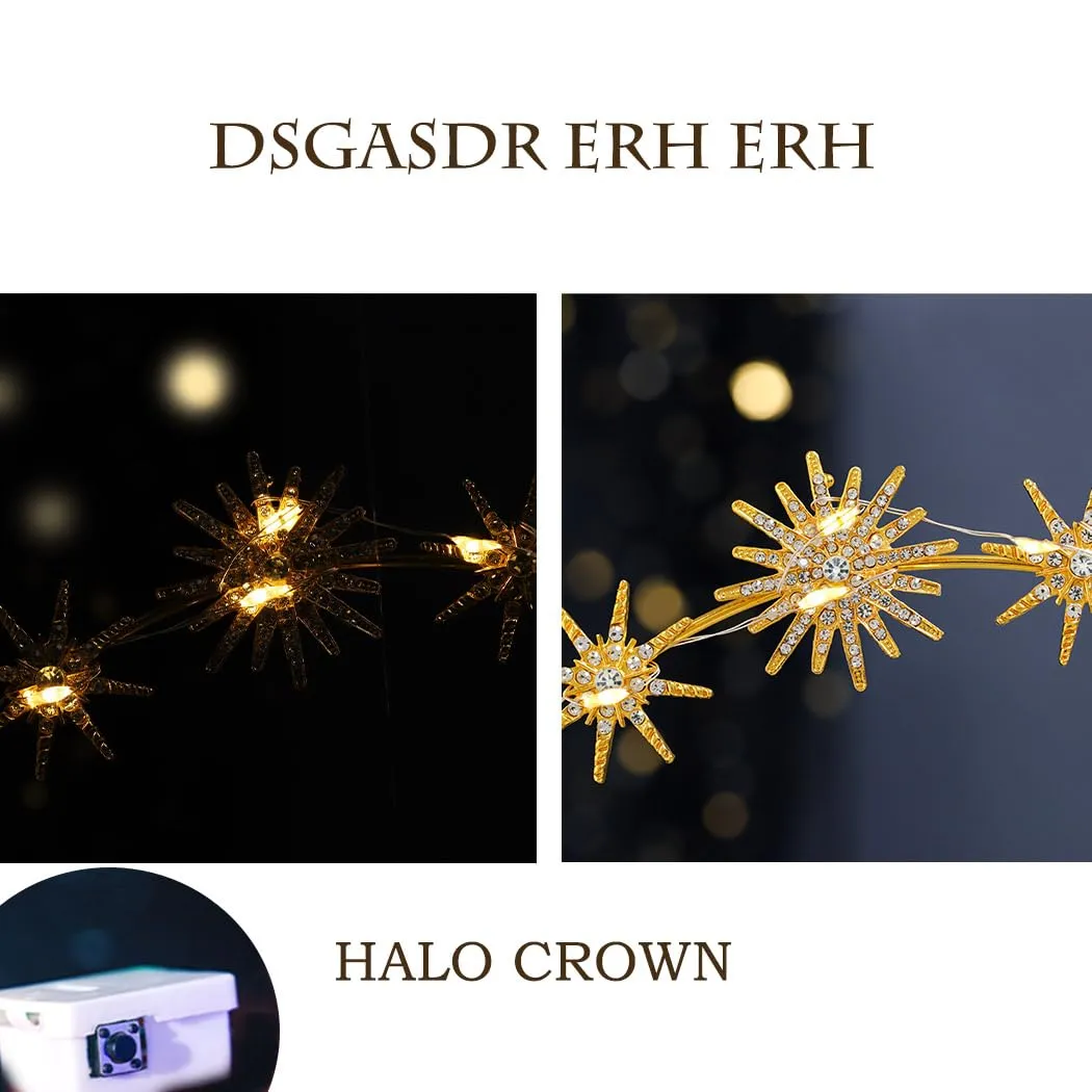 Light Up Halo Crown Golden Star Halo Headpiece Gold Angel Halo Headband Led Bride Halo Hair Accessories for Women (Gold A, Free A)