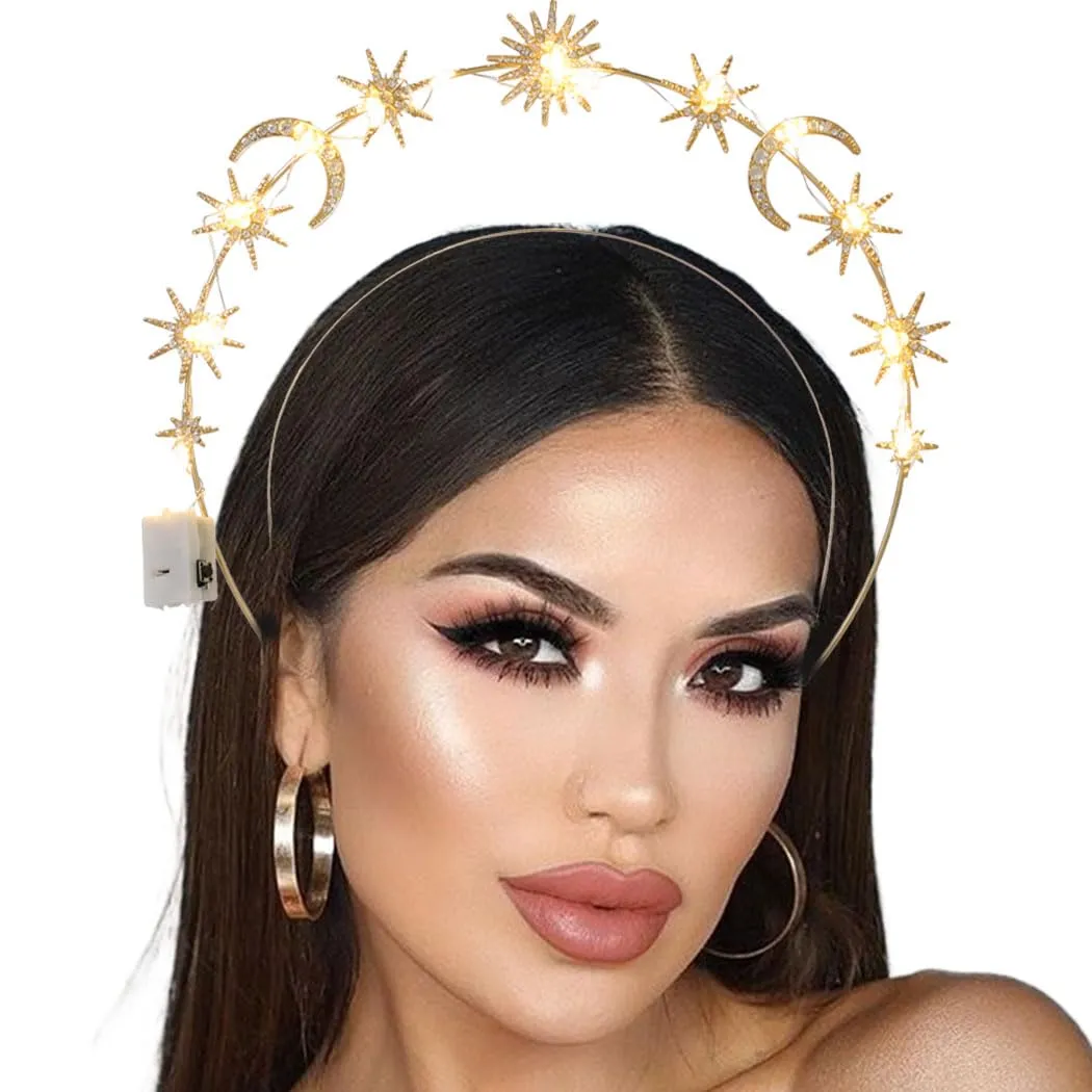 Light Up Halo Crown Golden Star Halo Headpiece Gold Angel Halo Headband Led Bride Halo Hair Accessories for Women (Gold A, Free A)