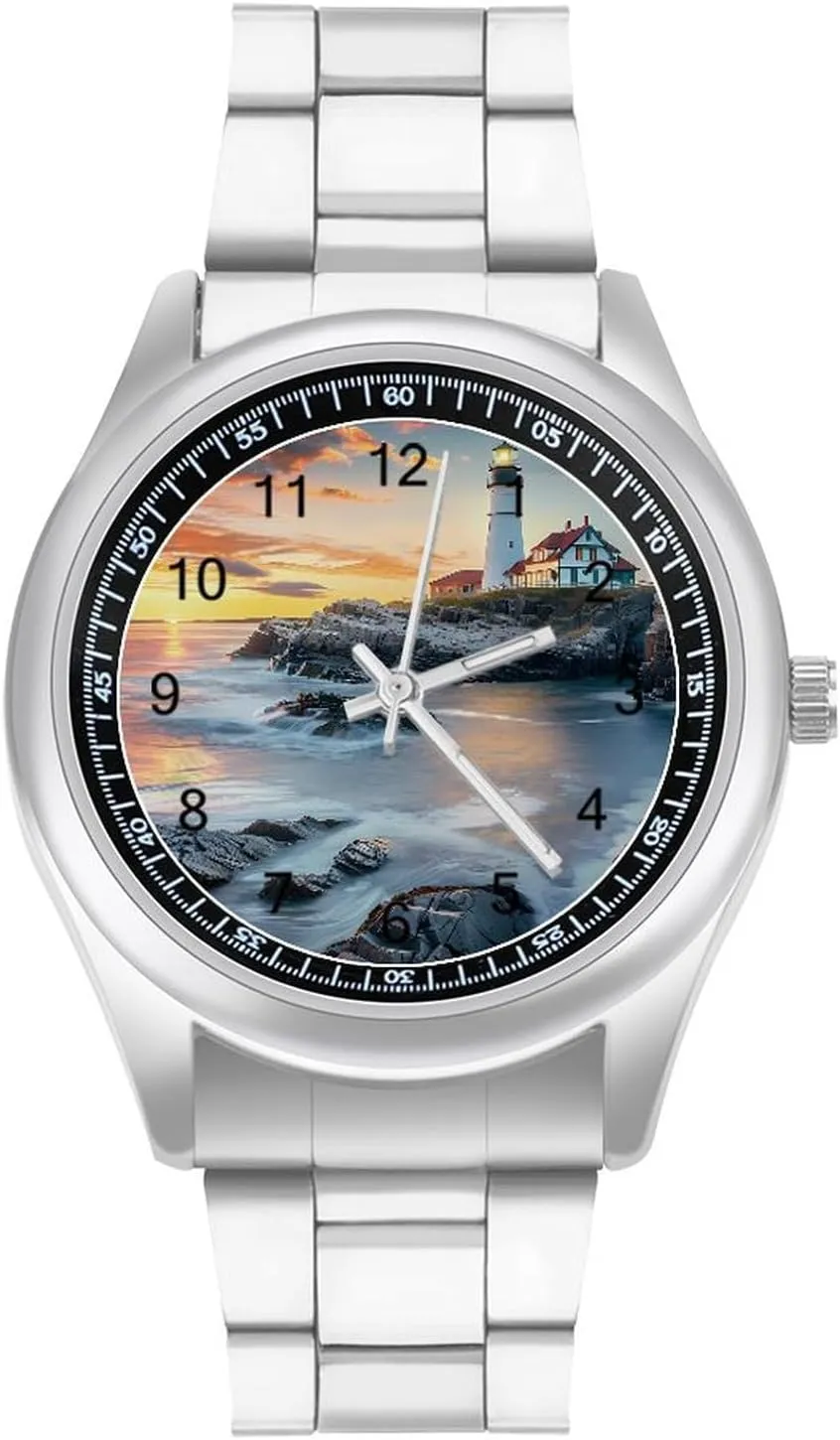 Lighthouse Beach Sky Watches Stainless Steel Band Wristwatch Business Dress Watch for Work Home