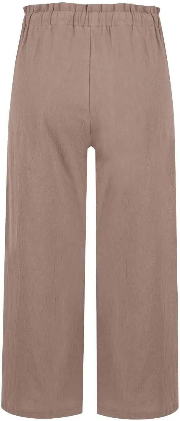 Linen Capri Pants for Women Summer Wide Leg Casual Loose High Waist Drawstring Palazzo Capris Trousers with Pockets