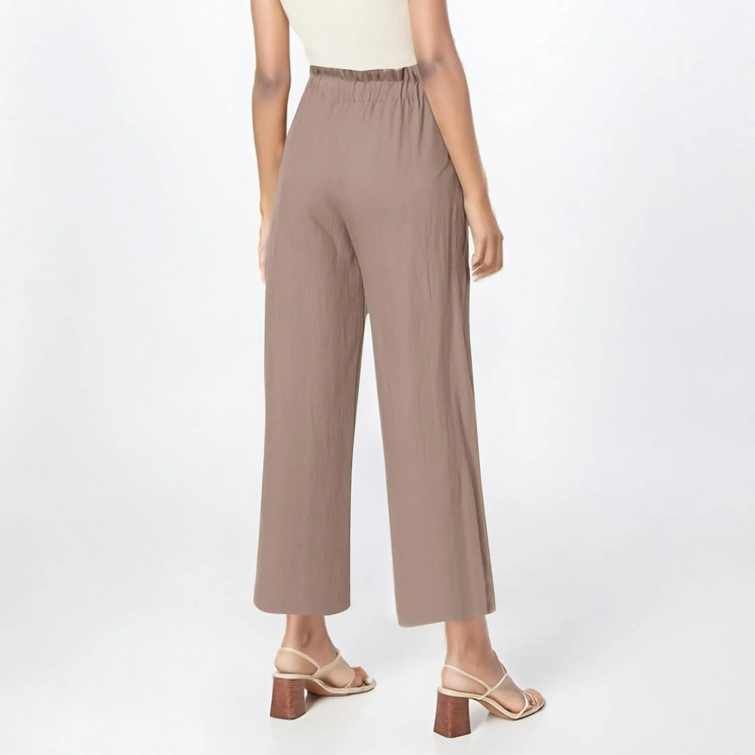 Linen Capri Pants for Women Summer Wide Leg Casual Loose High Waist Drawstring Palazzo Capris Trousers with Pockets