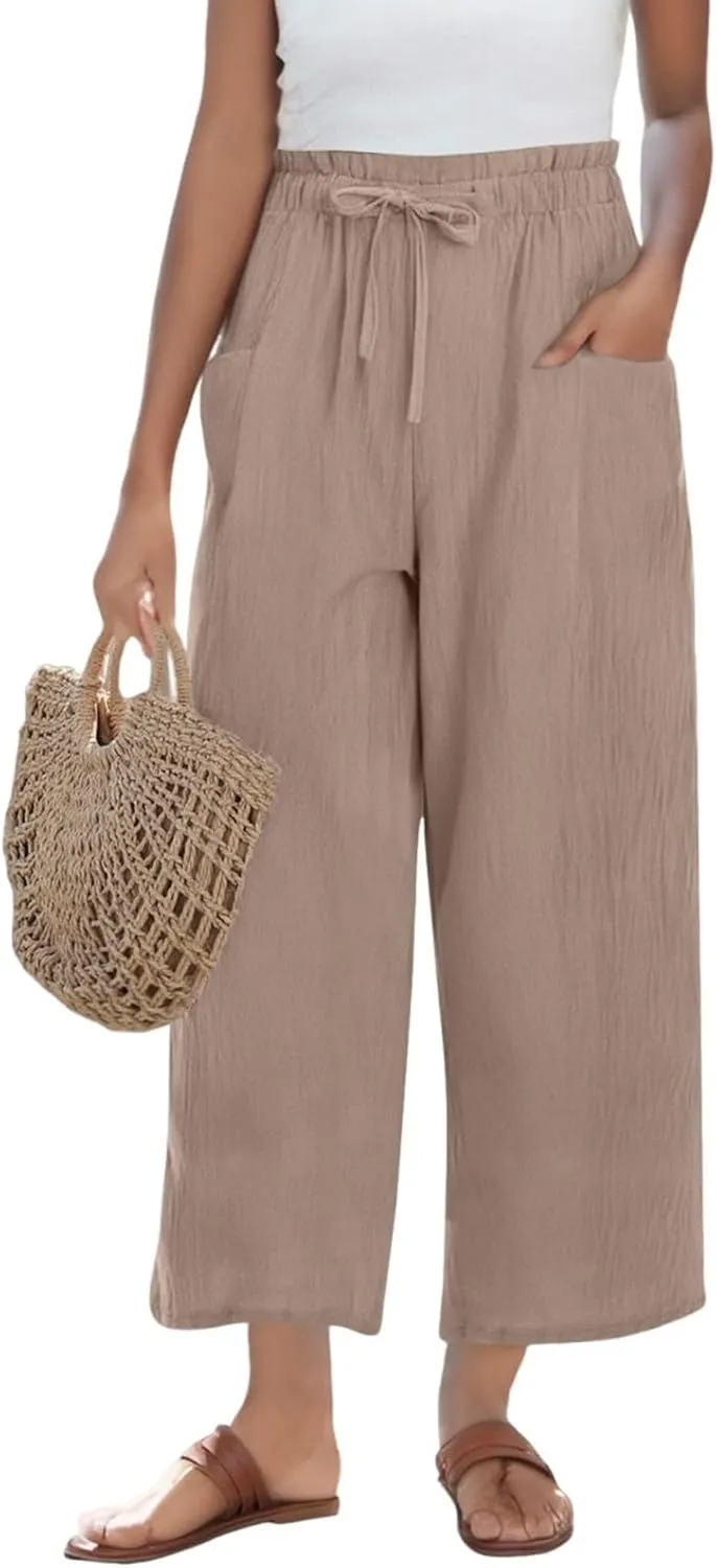 Linen Capri Pants for Women Summer Wide Leg Casual Loose High Waist Drawstring Palazzo Capris Trousers with Pockets