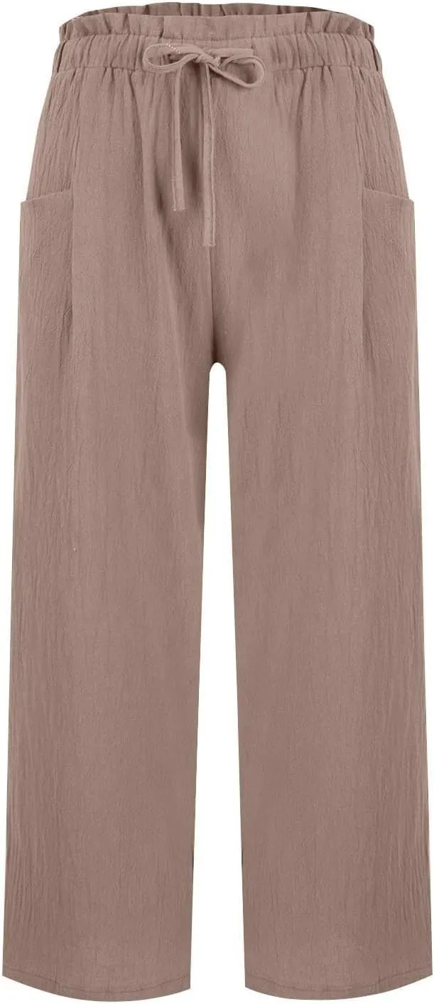 Linen Capri Pants for Women Summer Wide Leg Casual Loose High Waist Drawstring Palazzo Capris Trousers with Pockets