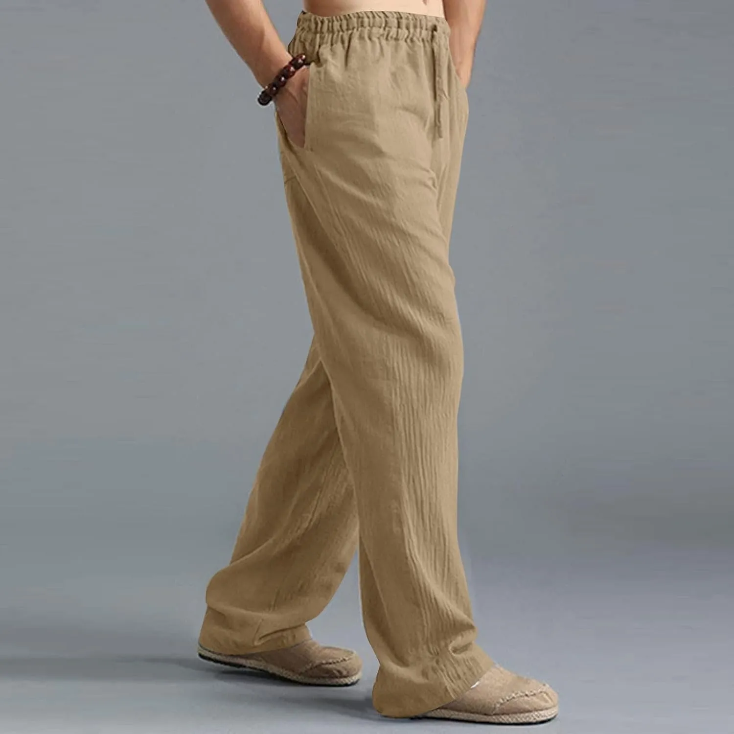 Linen Pants for Men Straight-Legs Elastic Waist Wide Leg Cotton Pant Beach Baggy Fashion Summer Vacation Trouser