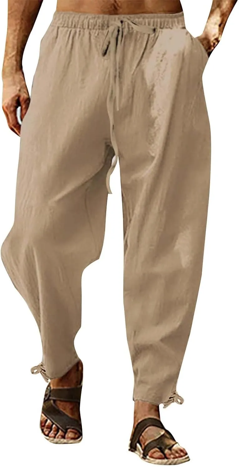 Linen Pants Men 2025 Lounge Straight-Leg Lightweight Vacation Work Pant Soft with Pocket Fashion Breathable Outfits
