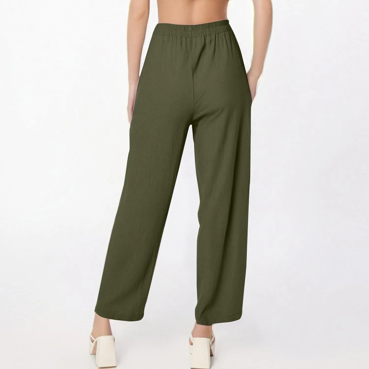 Linen Pants Women Casual Summer Wide Leg Pants High Waisted Trousers Lightweight Palazzo Pant with Pockets (S-2Xl)