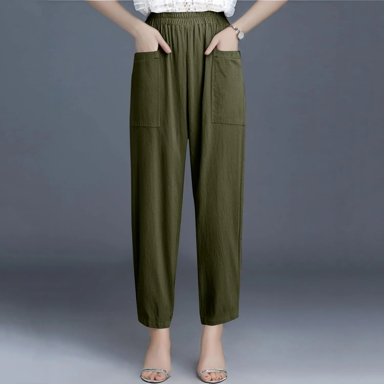 Linen Pants Women Casual Summer Wide Leg Pants High Waisted Trousers Lightweight Palazzo Pant with Pockets (S-2Xl)