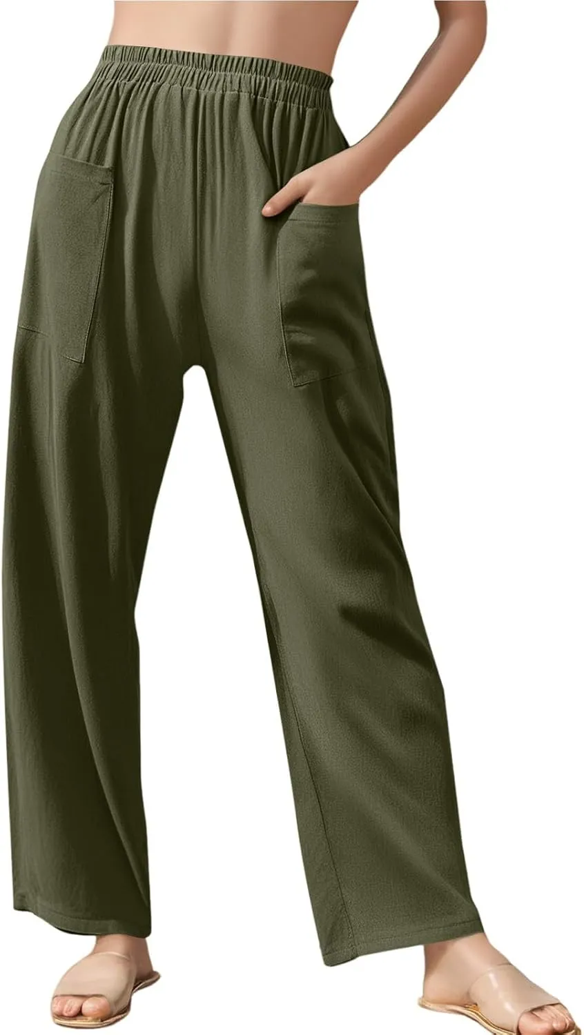 Linen Pants Women Casual Summer Wide Leg Pants High Waisted Trousers Lightweight Palazzo Pant with Pockets (S-2Xl)