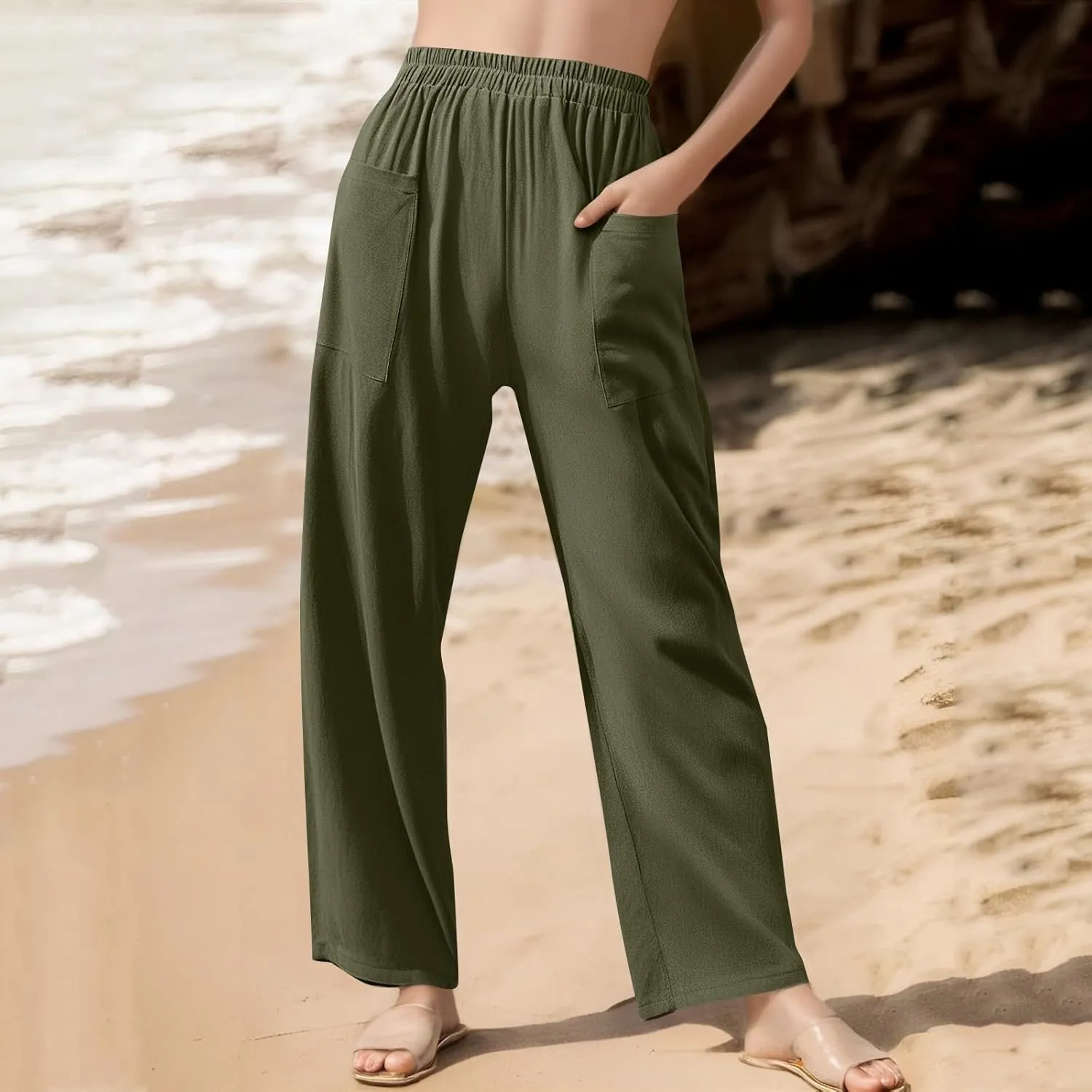 Linen Pants Women Casual Summer Wide Leg Pants High Waisted Trousers Lightweight Palazzo Pant with Pockets (S-2Xl)