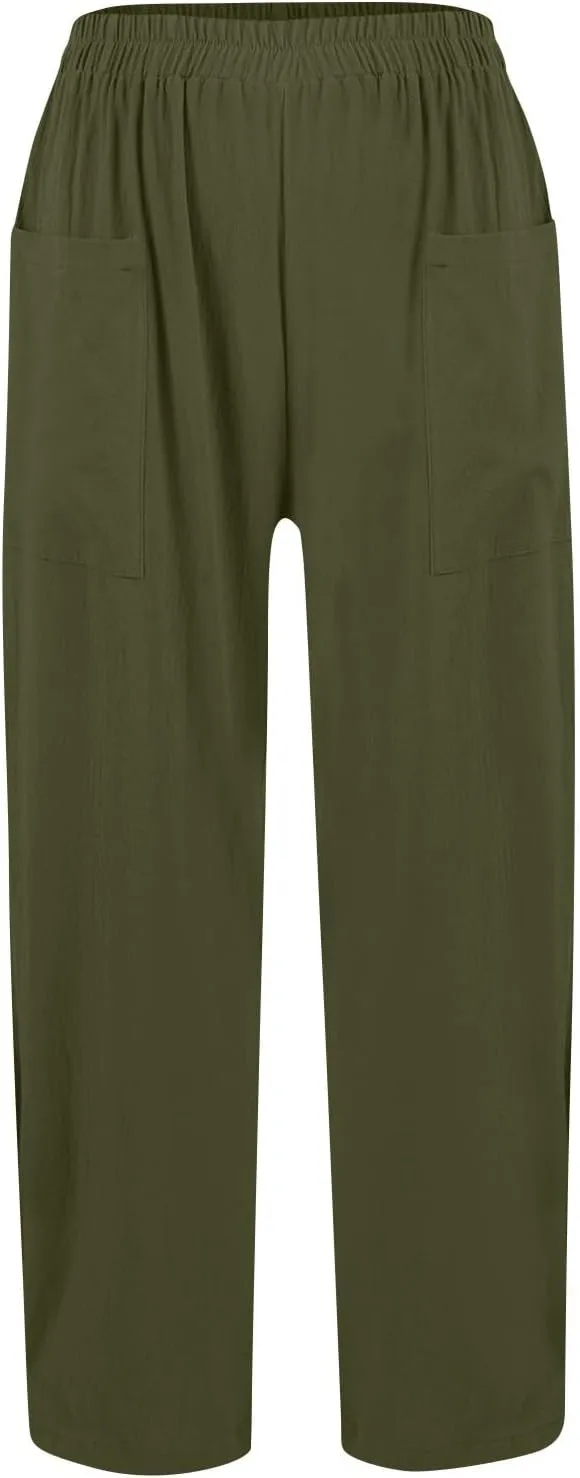 Linen Pants Women Casual Summer Wide Leg Pants High Waisted Trousers Lightweight Palazzo Pant with Pockets (S-2Xl)