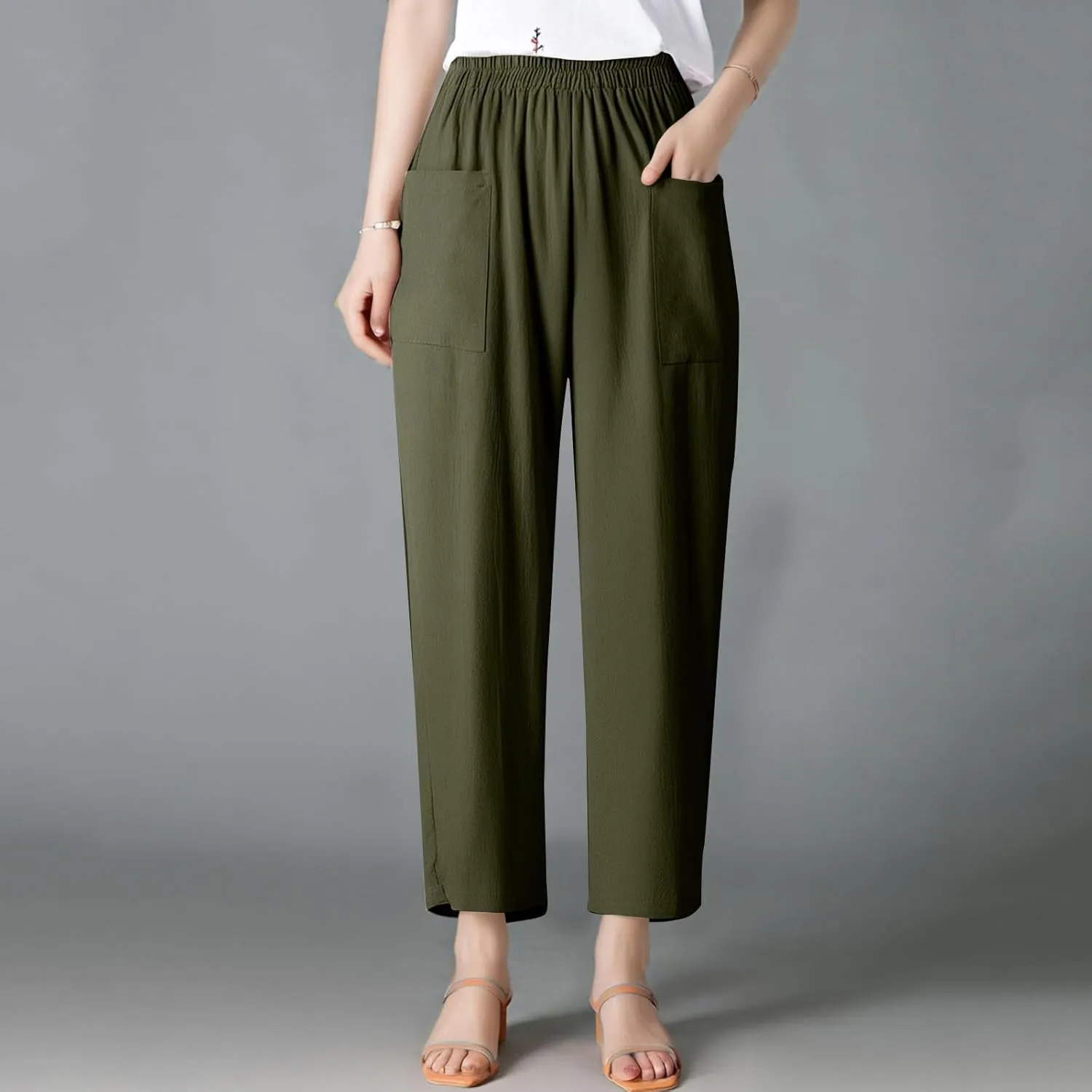 Linen Pants Women Casual Summer Wide Leg Pants High Waisted Trousers Lightweight Palazzo Pant with Pockets (S-2Xl)