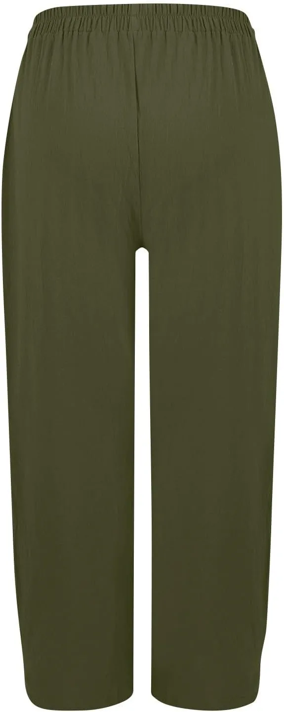 Linen Pants Women Casual Summer Wide Leg Pants High Waisted Trousers Lightweight Palazzo Pant with Pockets (S-2Xl)
