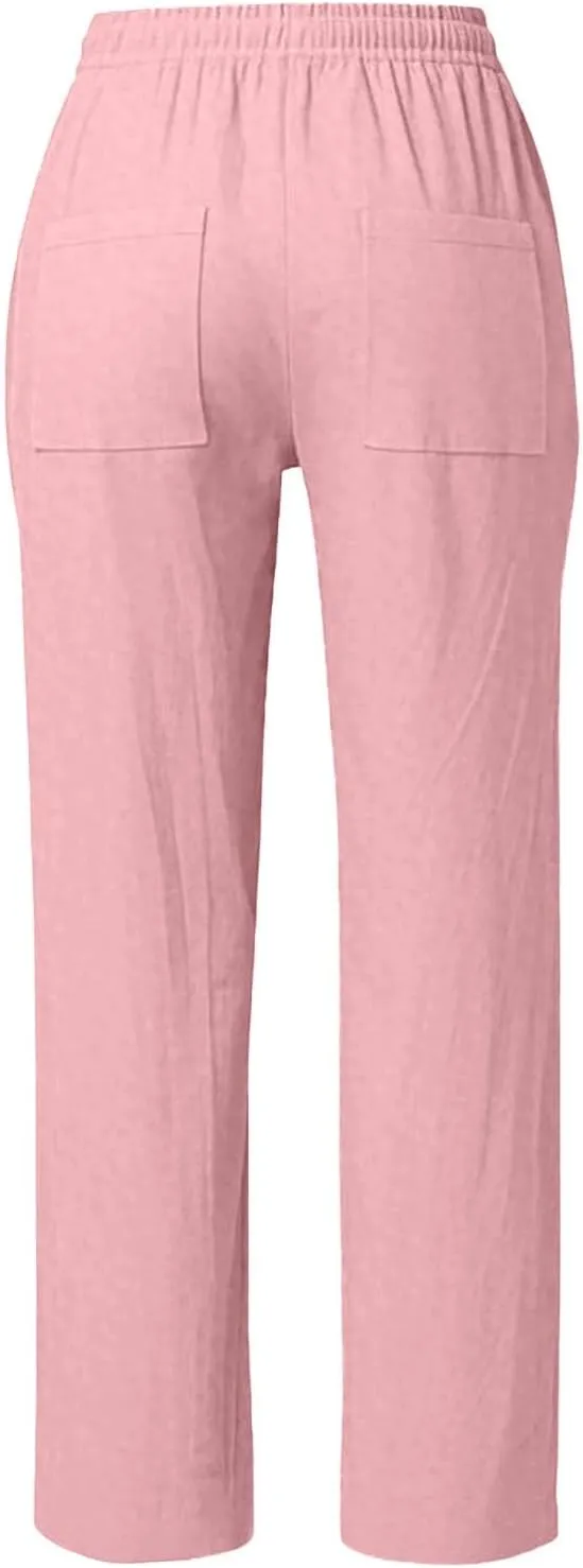 Linen Pants Women Summer Casual Capri Wide Leg Pants with Pockets Palazzo Comfy Baggy High Waisted Pant