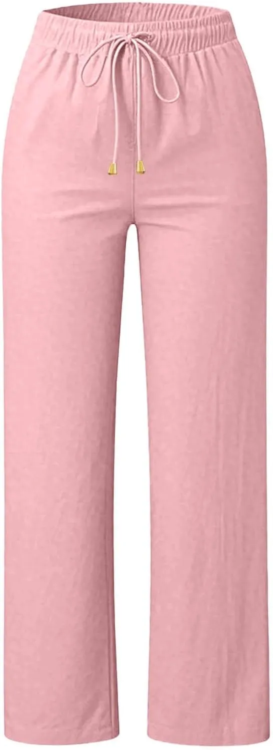 Linen Pants Women Summer Casual Capri Wide Leg Pants with Pockets Palazzo Comfy Baggy High Waisted Pant