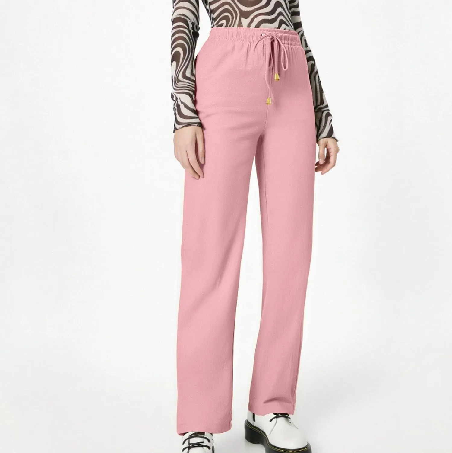 Linen Pants Women Summer Casual Capri Wide Leg Pants with Pockets Palazzo Comfy Baggy High Waisted Pant