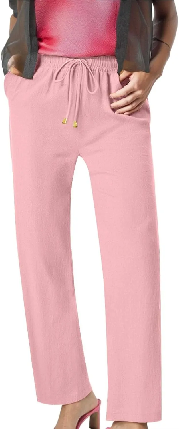 Linen Pants Women Summer Casual Capri Wide Leg Pants with Pockets Palazzo Comfy Baggy High Waisted Pant